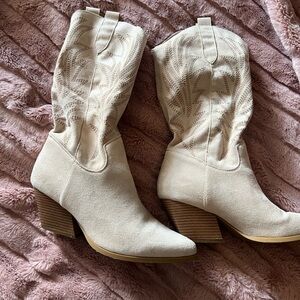 Nasty Gal Tan Cream Heeled Boots with Western Flair